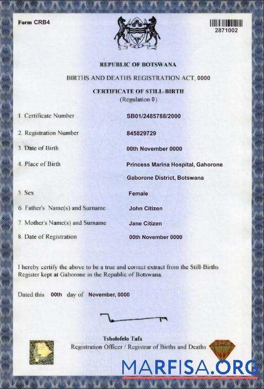 Realistic Botswana birth certificate template in PSD format